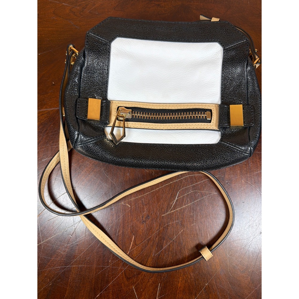 Botkier‎ New York Colorblock Pebbled Leather Crossbody Bag Black White Tan Gold